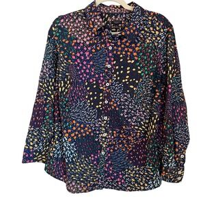 Talbots Size 1Xp Navy Flower Garden Print Long Sleeve Button Up Cotton Shirt